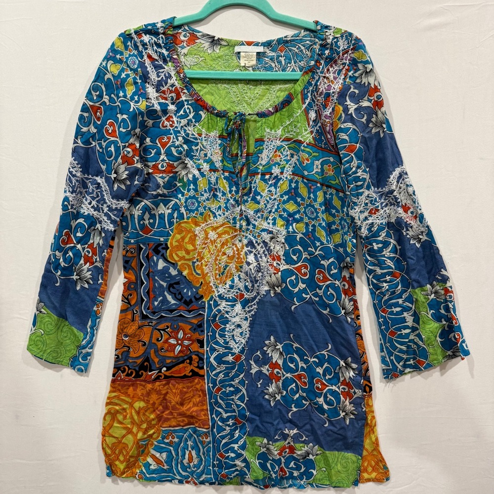 Debbie Katz South Beach Patchwork Boho Tunic Top Embroidered Cotton Blue‎ Small